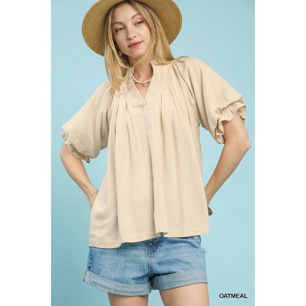 Umgee Linen V-Neck Flutter Sleeve Top - Medium
